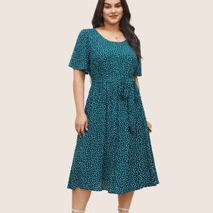 BloomChic Plus Size XL Polka Dot Belted Flutter Sleeve Crew Neck Dress us14-16
